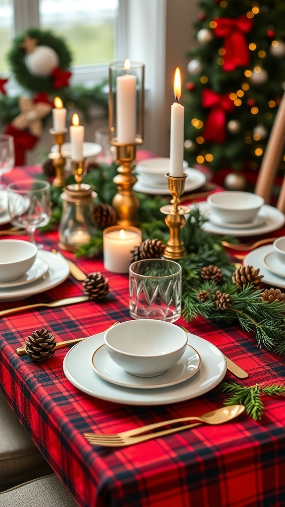 Red Tartan Christmas Table Setting Christmas table setting with red tartan tablecloth, white plates, gold cutlery, and festive decorations.